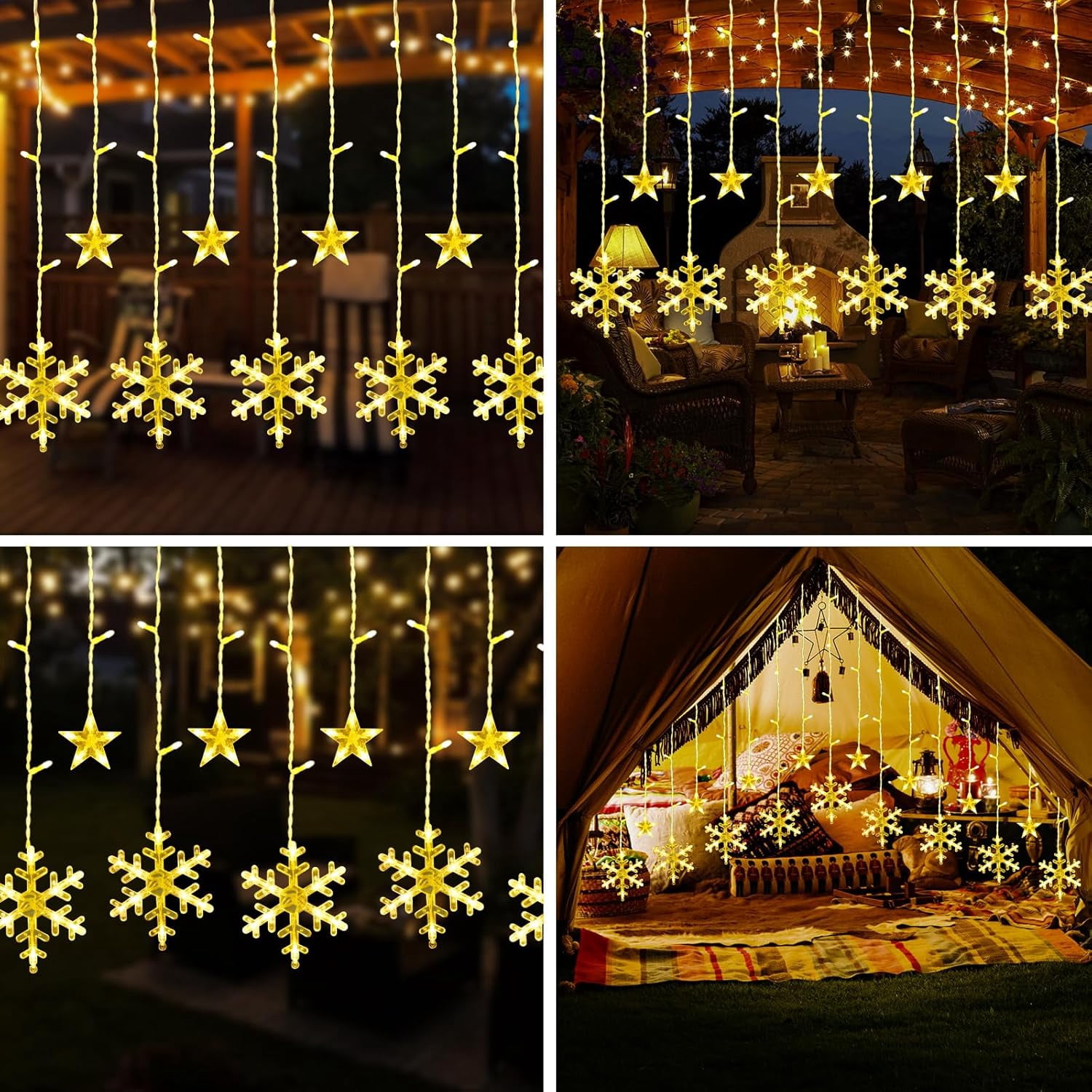 Qoosea Curtain String Lights, 126 LED Snowflake Star Waterproof Curtain Fairy Lights, Battery Operated Christmas Decorations for Window Wall Bedroom