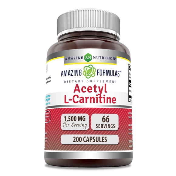 Amazing Formulas Acetyl L-Carnitine 1500 mg 200 Cápsulas Suplemento para Energía Celular, Enfoque Mental y Bienestar Diario