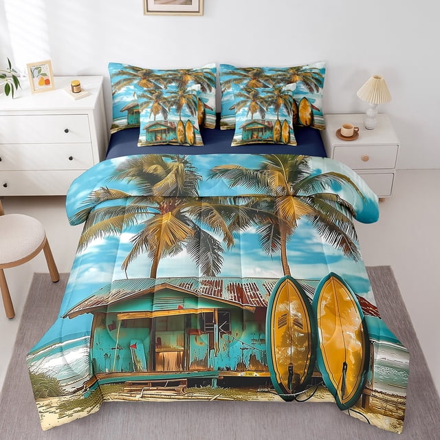 Erosebridal Surfboard Cabin Bed In A Bag Full Size,Palm Tree Bed Set,Summer Holiday Bedroom Decor,Reversible,Breathable,7-Piece