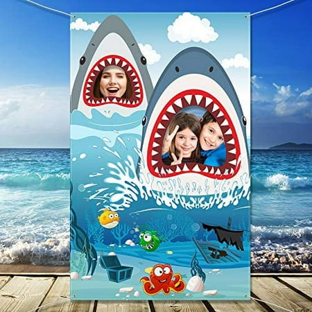 Image of Shark Zone Backdrop Supplies Shark Photography Background Shark Theme Party Birthday Party Baby Shower Photo Booth Backdrop for Large Party Decoration (70.8 x 35.5 Inch)