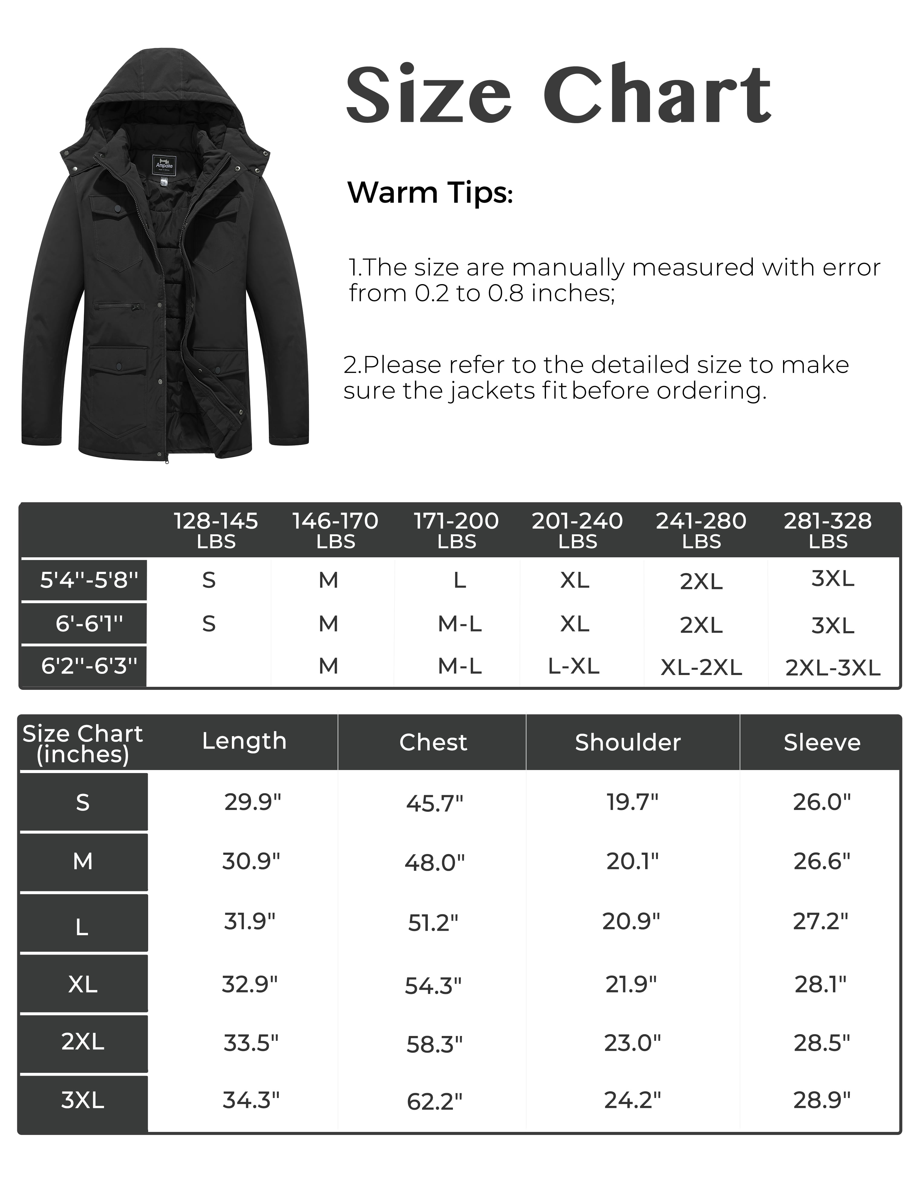 Men's Winter Coat Warm Padded Puffer Jacket Windproof Winter Coat Black L