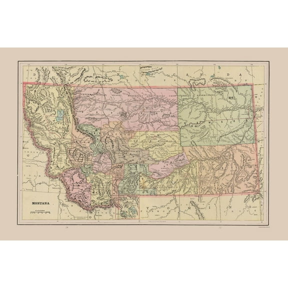 Historic State Map - Montana - Cram 1892 - 34.32 x 23 - Vintage Wall Art