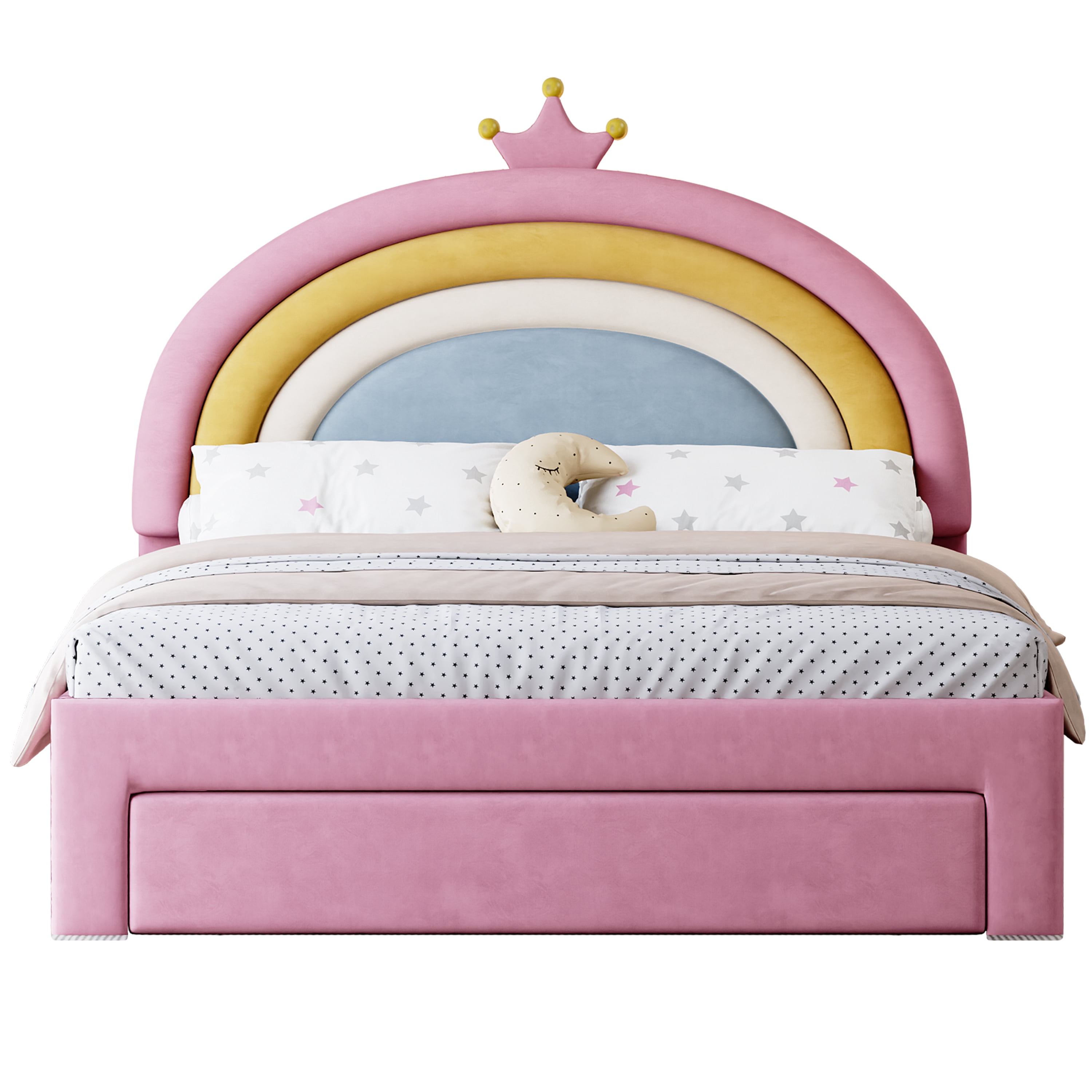 Euroco Upholstered Full Size Platform Bed with Drawer, PU Leather Princess Bed with Crown