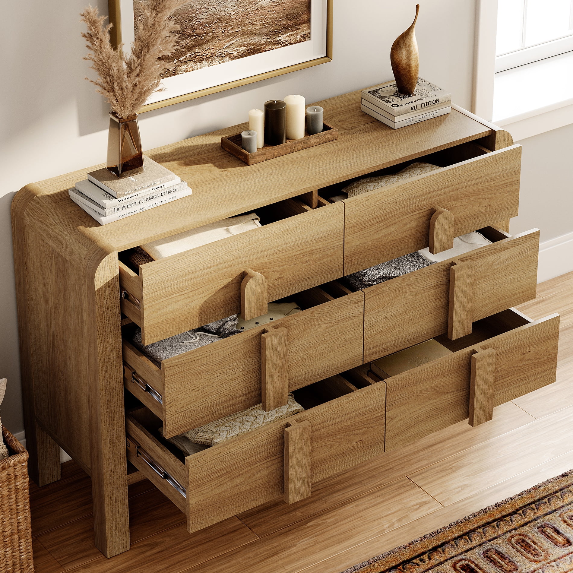 5 Pcs Bedroom Set, Wooden Dresser and Nightstand Sets, Night Stand Set of 2, 12 Drawer Dresser with Curved Profile Design, Mid Century Modern Dresser Set