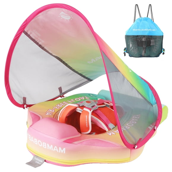 Mambobaby Float with Canopy Baby Float Non Inflatable Baby Safety Float for Swimming Pool Float Upgraded Tail Soft Skin-Friendly Material for Toddler Infant 3-24 Months, Rainbow