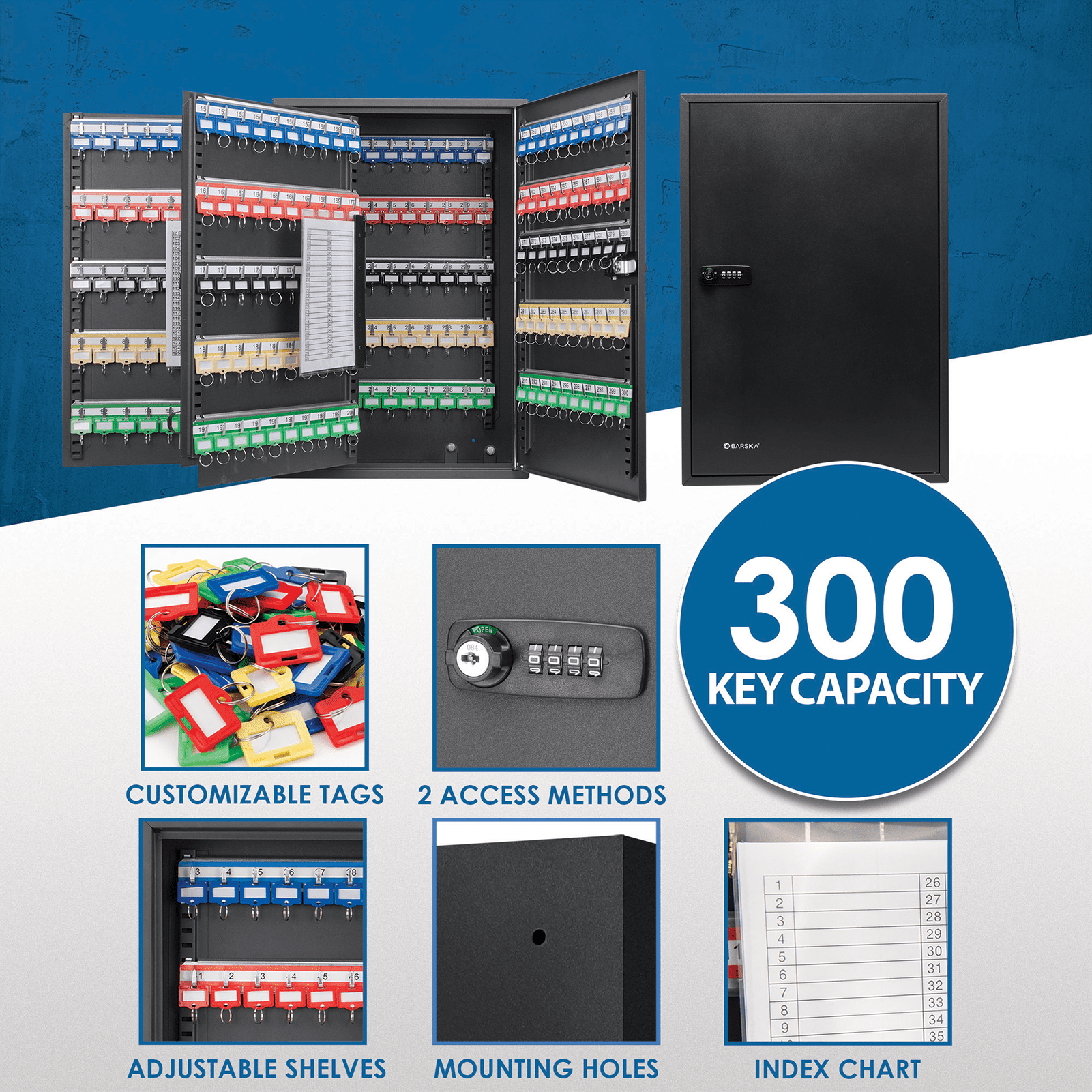 Vacmaster 300 Key cabinet lock box – Solid Steel Key Cabinet Wall-Mount Organizer with Combination Lock ,Key Organizer Key Safe for Home Office Garage Rental Business,with Numbered Hooks, Color Tags