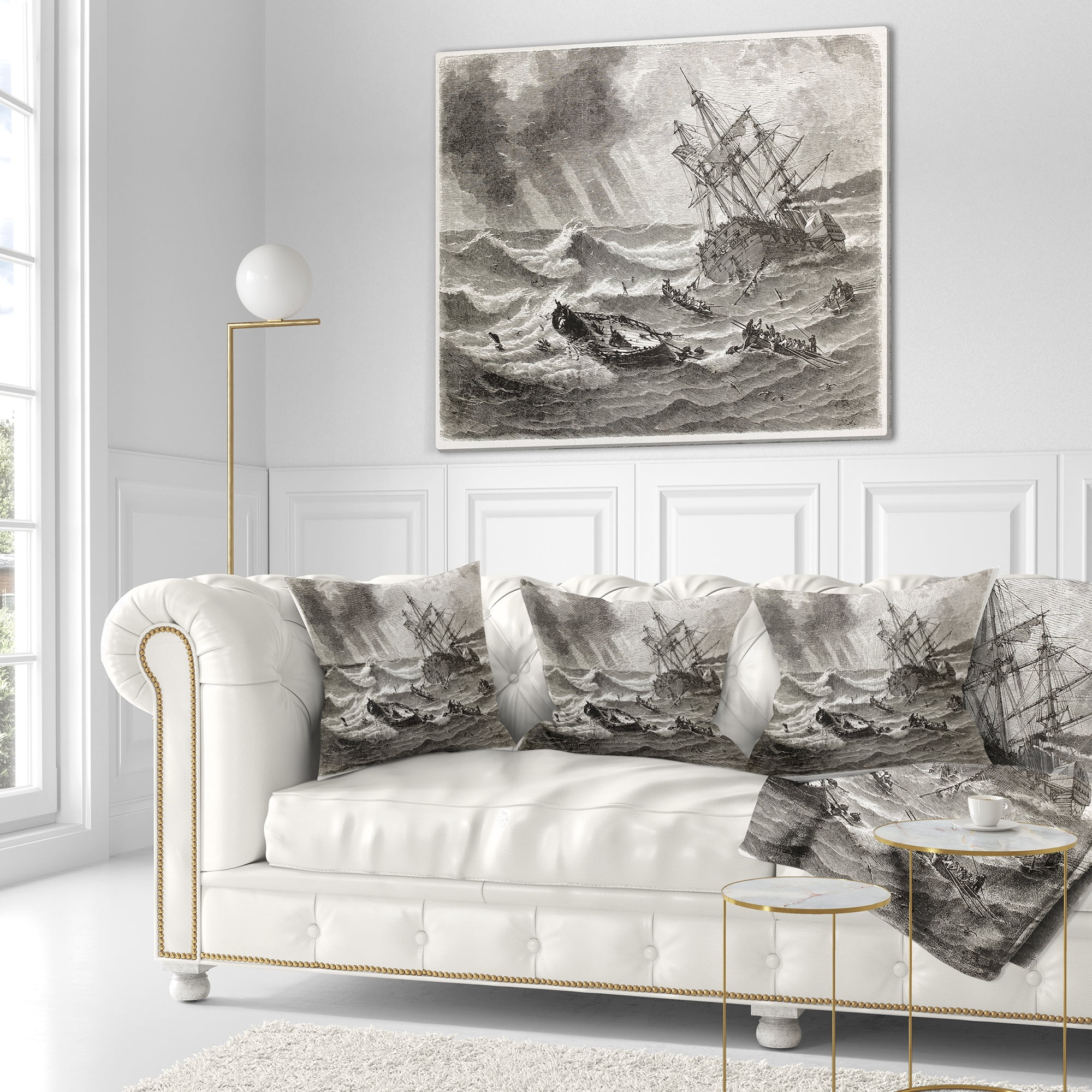 Designart Vintage Shipwreck - Seascape Throw Pillow - 18x18