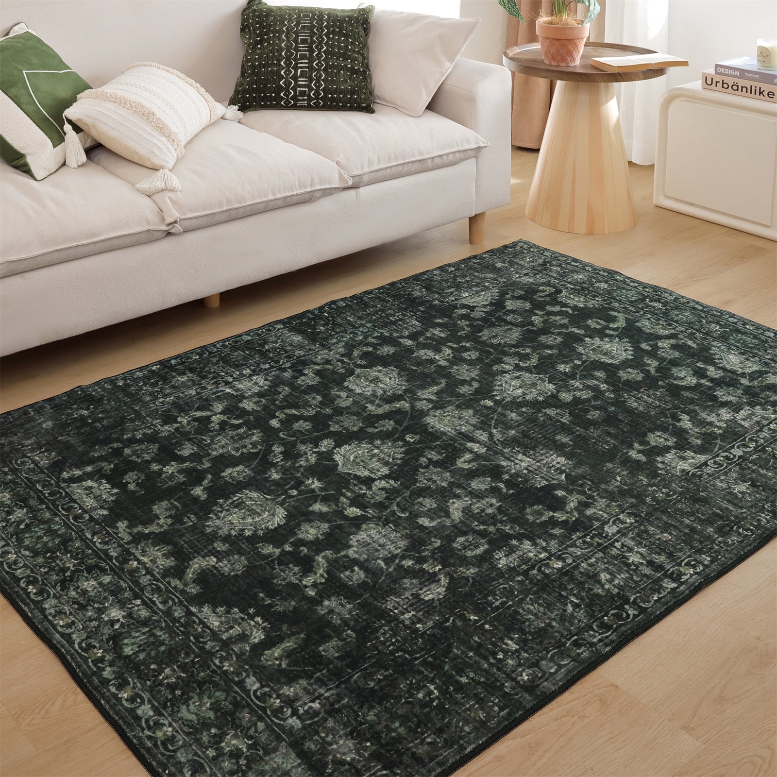 SPRINDAY Boho Green Area Rug, 3'x5' Vintage Rugs for Entryway, Non-Slip Washable Distressed Carpet for Home Office Decor