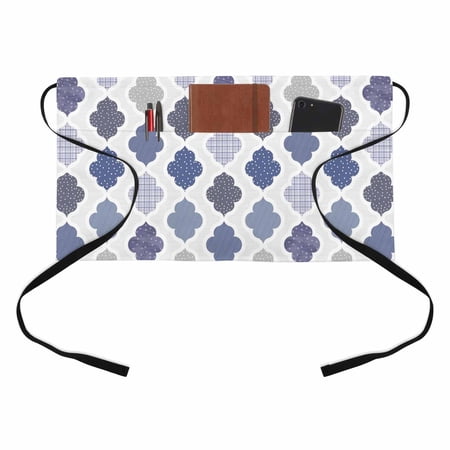 Abstract Grid Kitchen Restaurant Half Waist Apron, Boho Blue Purple Grey Geometric Medieval Plaid Server Short Apron with 3 Pockets Waterproof Oil Waist Aprons for Women Waitress Waiter