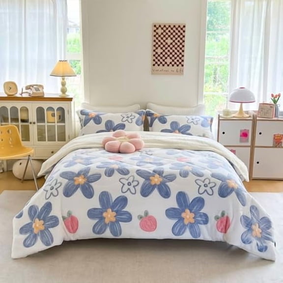 Blue Floral Fleece Fluffy Comforter Set - 3 Piece Twin Size Thick Comforters for Her Girls,Plush Cozy Warm,Soft Microfiber Bedding Bedroom Decor for Winter All Season (1 Comforter 2 Pillow Shams)