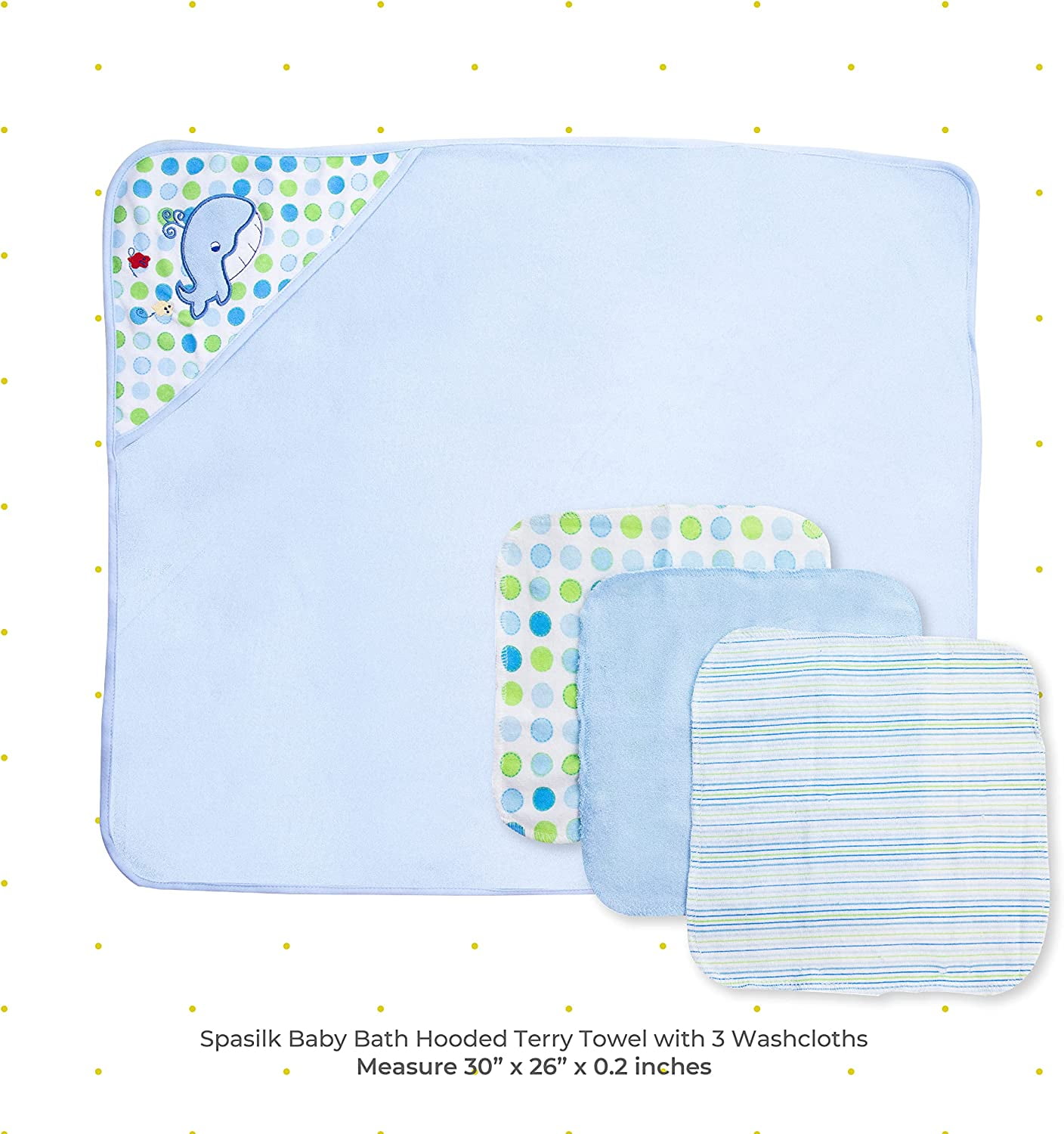 Spasilk Baby 1 Hooded Terry Towel & 3 Washcloths Set for Baby Boys, Blue Whale