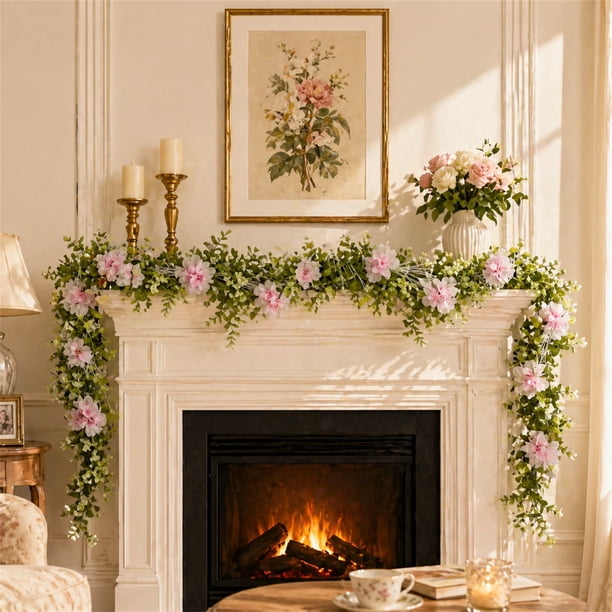 Guirnaldas artificiales de flores de eucalipto y cerezo | Vegetación artificial realista para la decoración del hogar | Guirnaldas de plástico flexible para interiores