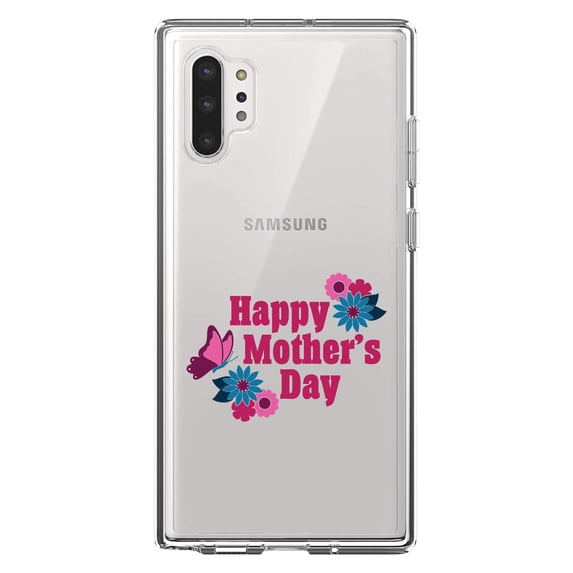 DistinctInk Clear Shockproof Hybrid Case for Galaxy Note 10 PLUS (6.8" Screen) - TPU Bumper Acrylic Back Tempered Glass Screen Protector - Happy Mother's Day - Flowers Butterfly