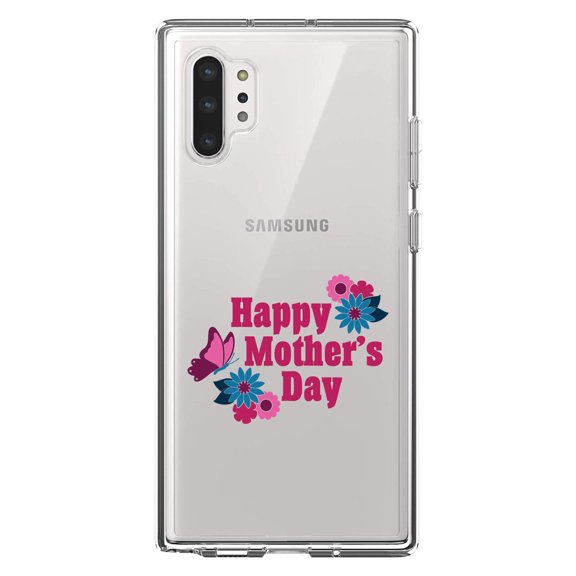 DistinctInk Clear Shockproof Hybrid Case for Galaxy Note 10 PLUS (6.8" Screen) - TPU Bumper Acrylic Back Tempered Glass Screen Protector - Happy Mother's Day - Flowers Butterfly