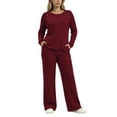 thumbnail image 5 of Sentuca Womens Lounge Set Ribbed Knit Crew Neck Long Sleeve Top Wide Leg Pants with Pockets Fall Casual Comfort Lightweight 2 Piece Outfits Wine XL, 5 of 8