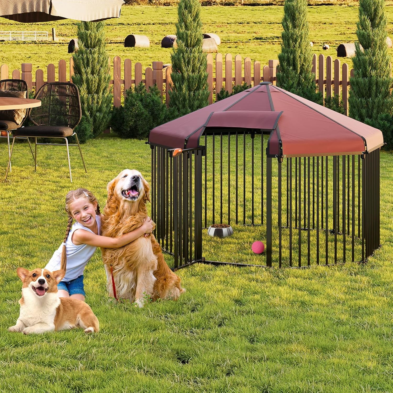 Outdoor Pet Dog Kennel with Roof, Outdoor Dog Playpen with Metal Gate, Heavy Duty Octagon Dog Pen with Lock for Outdoor Backyard (4.9x4.9x3.6FT)