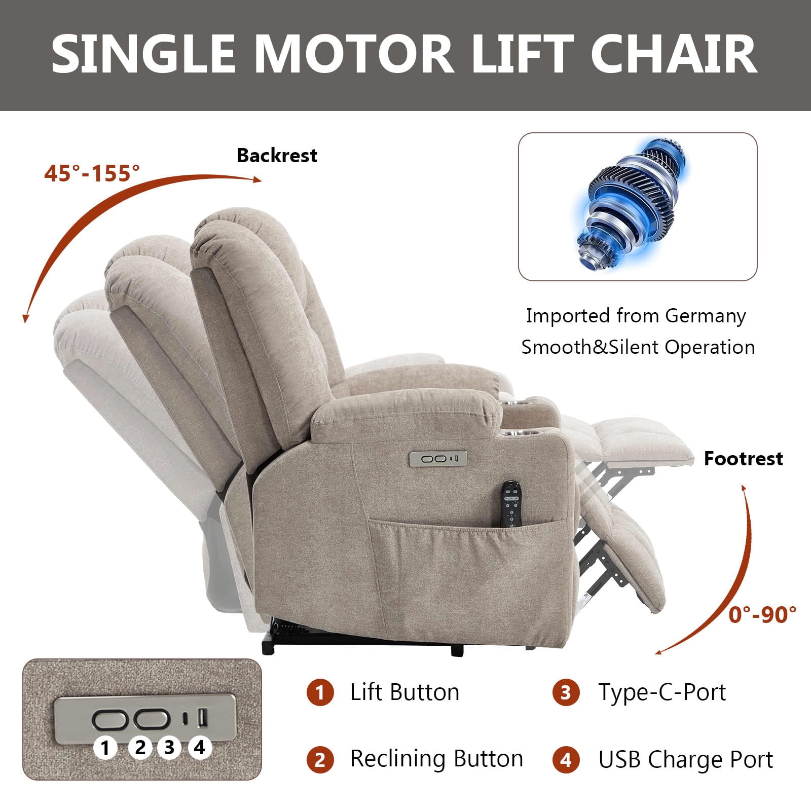 MAYEERTY Khaki Chenille 350lbs Power Lift Recliner, Massage Heat USB-C 34"x39"x42" Wide Overstuffed for Elderly