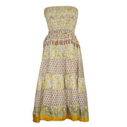 Mogul Womens Sundress Yellow Smocked Bodice Printed Patchwork Beach Skirts M