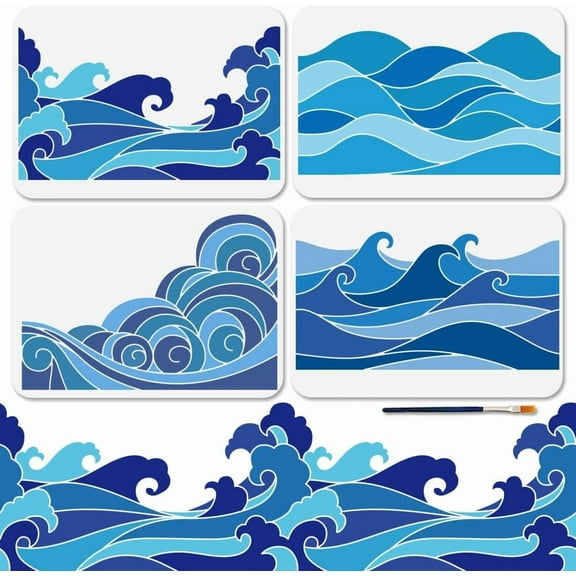 4Pcs Ocean Waves Stencil Reusable Dynamic Summer Seawater Stencils DIY for Painting 11.7×8.3inch Sea Spray Art Craft Templates with Paint Brush DIY for Window Wood Wall Home Gift Decor