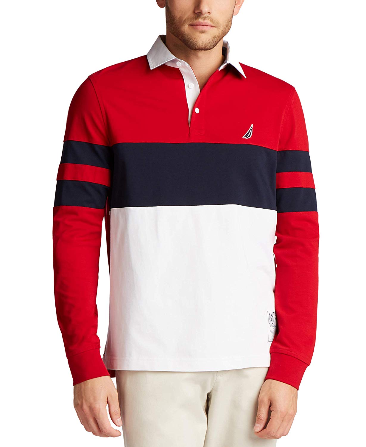 Nautica Mens Chest Stripe Rugby Long 