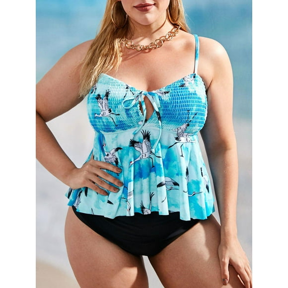 Tallas grandes Crane China Impresión Smocked Detalle Tiekin Swimwear Rosegal Vestidos casuales de talla grande