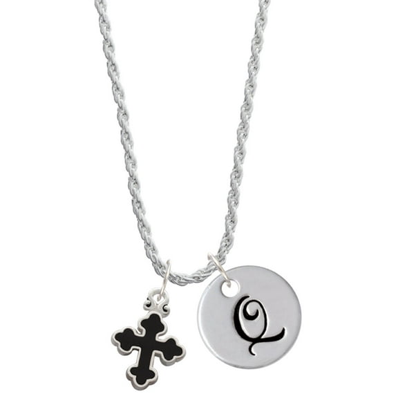 Delight Jewelry Silvertone Small Black Enamel Botonee Cross Silvertone Script Initial Disc - Q - Charm Necklace, 20"+3"