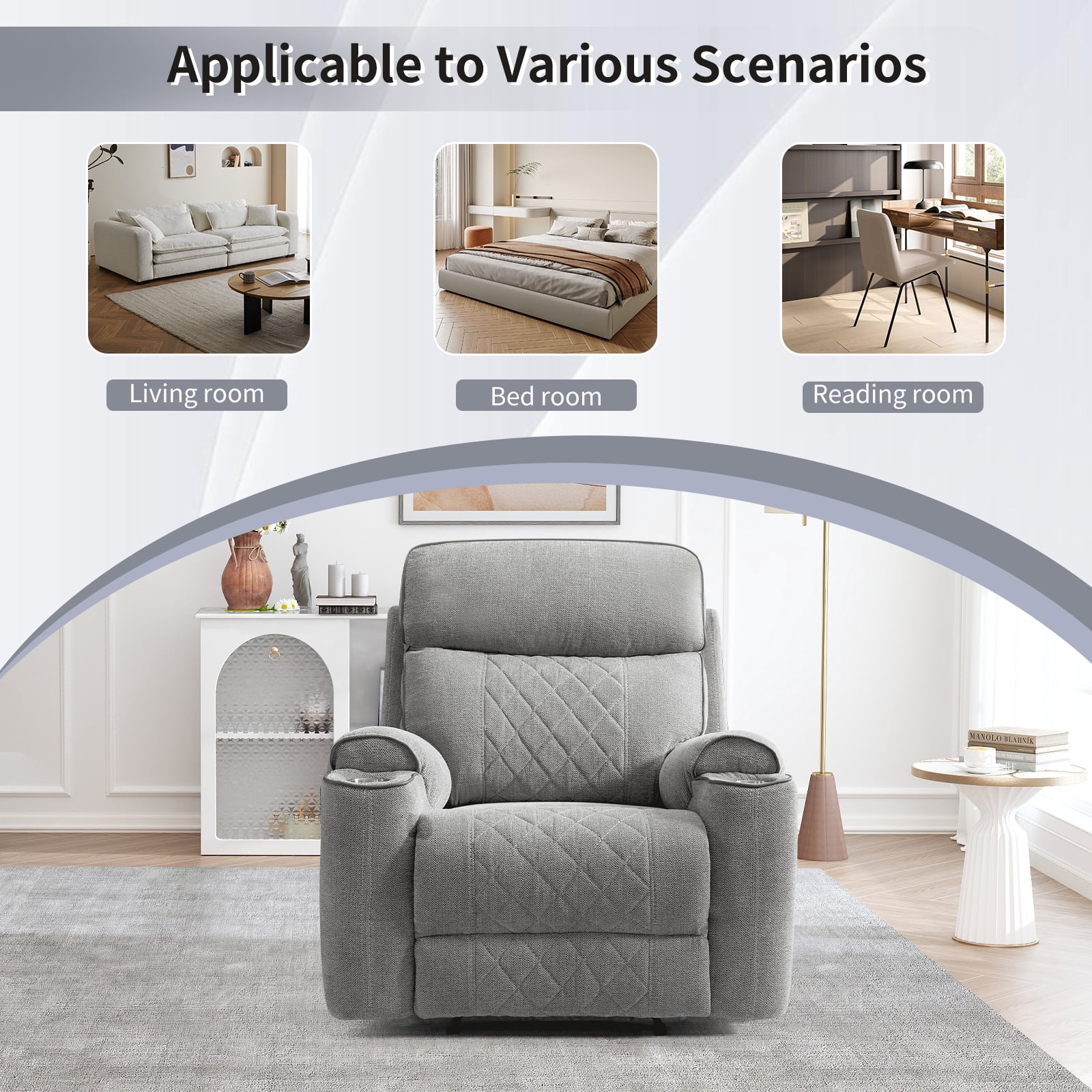 Bonzy Home Power Recliner Chair — Electric Fabric Recliner with Cup Holders & USB-C Charging Ports, Diamond Grid Upholstery, Light Grey