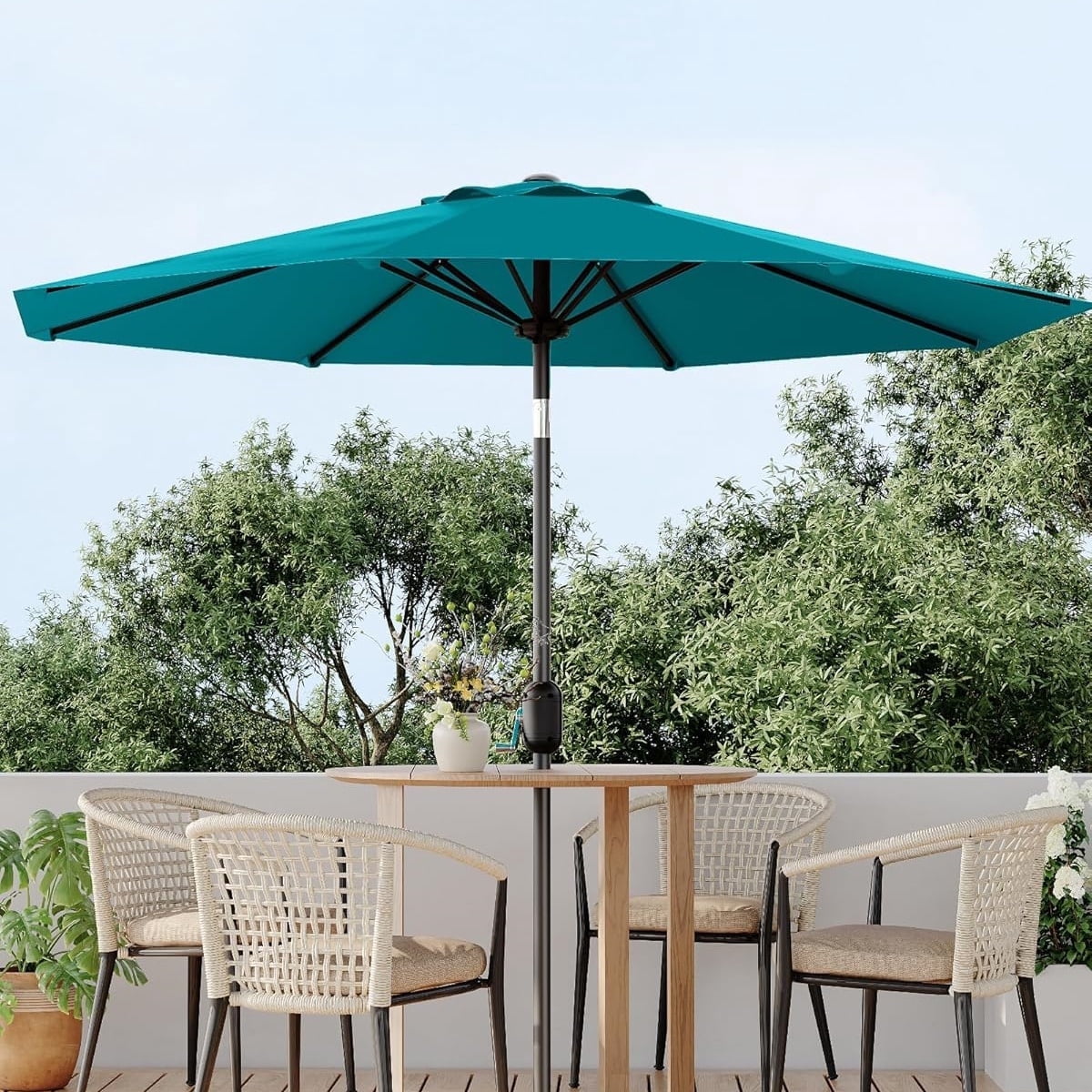 Memoryfield 9FT Patio Market Umbrella with Crank Handle, Outdoor Table Octagon Umbrella with 8 Steel Ribs for Yard Poolside Deck, Turquoise Blue