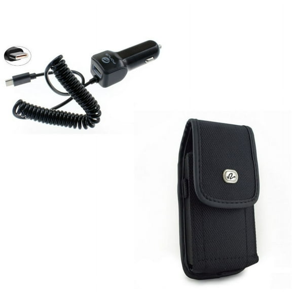 Black Rugged Canvas Side Case w 3.1Amp Type-C Car Charger DC with USB Port W8A Compatible With Google Pixel 3a XL