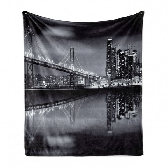 Black and White Soft Flannel Fleece Throw Blanket, San Francisco Bay Bridge Metropolis Panorama View with Skyscrapers Print, Cozy Plush for Indoor and Outdoor Use, 50" x 60", Dark Green, by Ambesonne