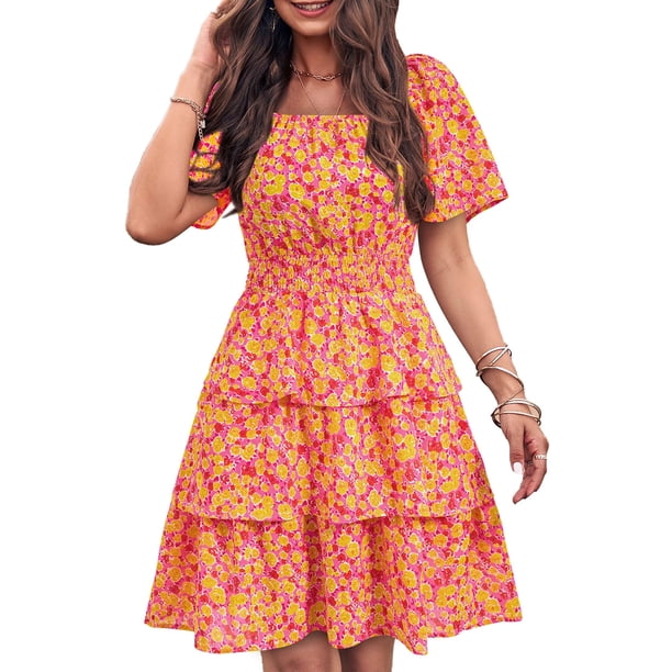 Vestido PRETTYGARDEN 2025 Floral de Verano con Escote Cuadrado Rojo Talla L