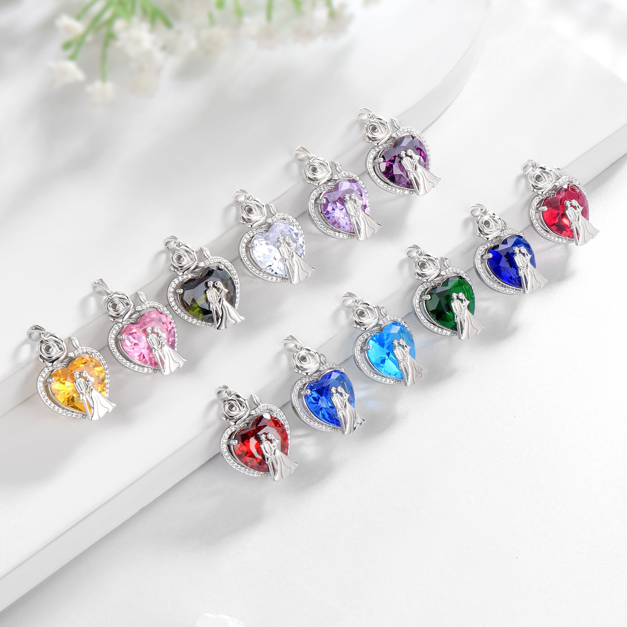 Juwaliy Couple Necklace for Women 925 Sterling Silver Heart February Birthstone Rose Flower Pendant Wedding Engagement Jewelry Valentines Day Gift for Her Wife/Girlfriend