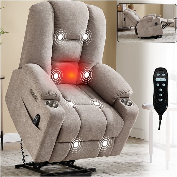 JERFIT Power Lift Recliner Chair with Massage and Heat, Heavy Duty Wide Recliner for Elderly, Dual USB Charging, 2 Cup Holders, Khaki Chenille Fabric