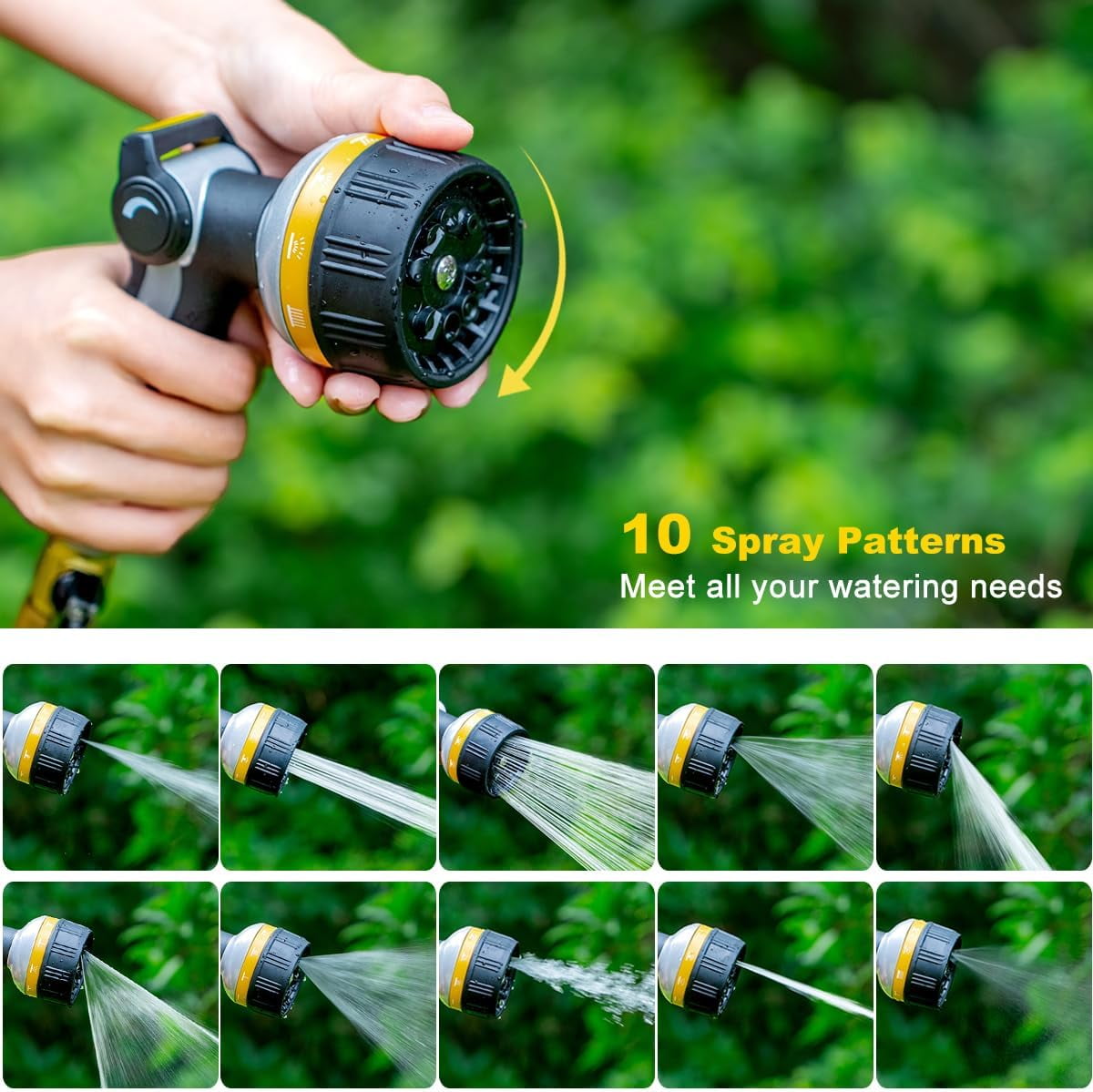 FANHAO Heavy Duty Metal Hose Nozzle with 10 Spray Patterns, Thumb Control On/Off Valve, High Pressure Water Nozzle for Plants