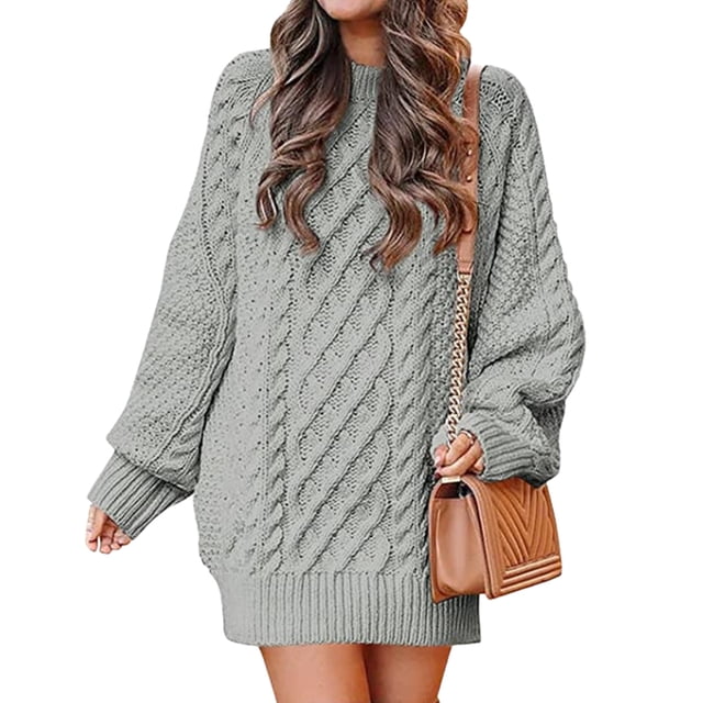 Vestido tipo suéter corto de punto grueso con cuello alto y manga larga de otoño para mujer