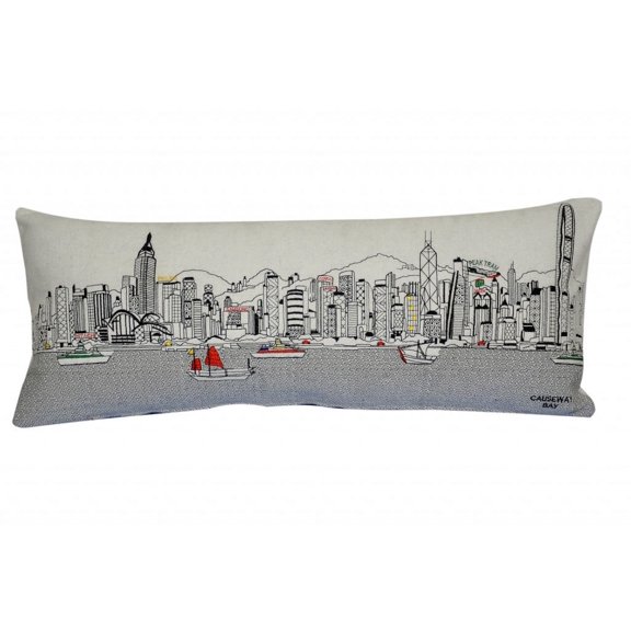 35" White Hong Kong Daylight Skyline Lumbar Decorative Pillow