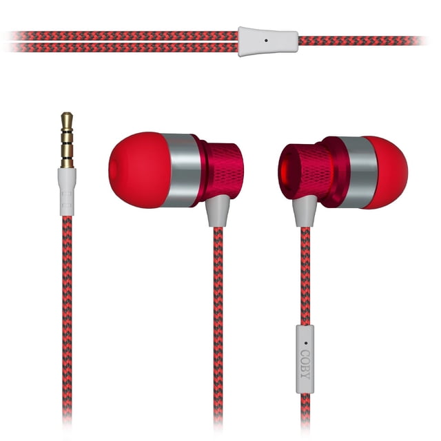 Coby Metal Wired Earbuds Red, Noise Canceling Headphones with 3.5mm AUX, Tangle-Free Braided Wired Headphones with Microphone, S/M/L Ear Gels