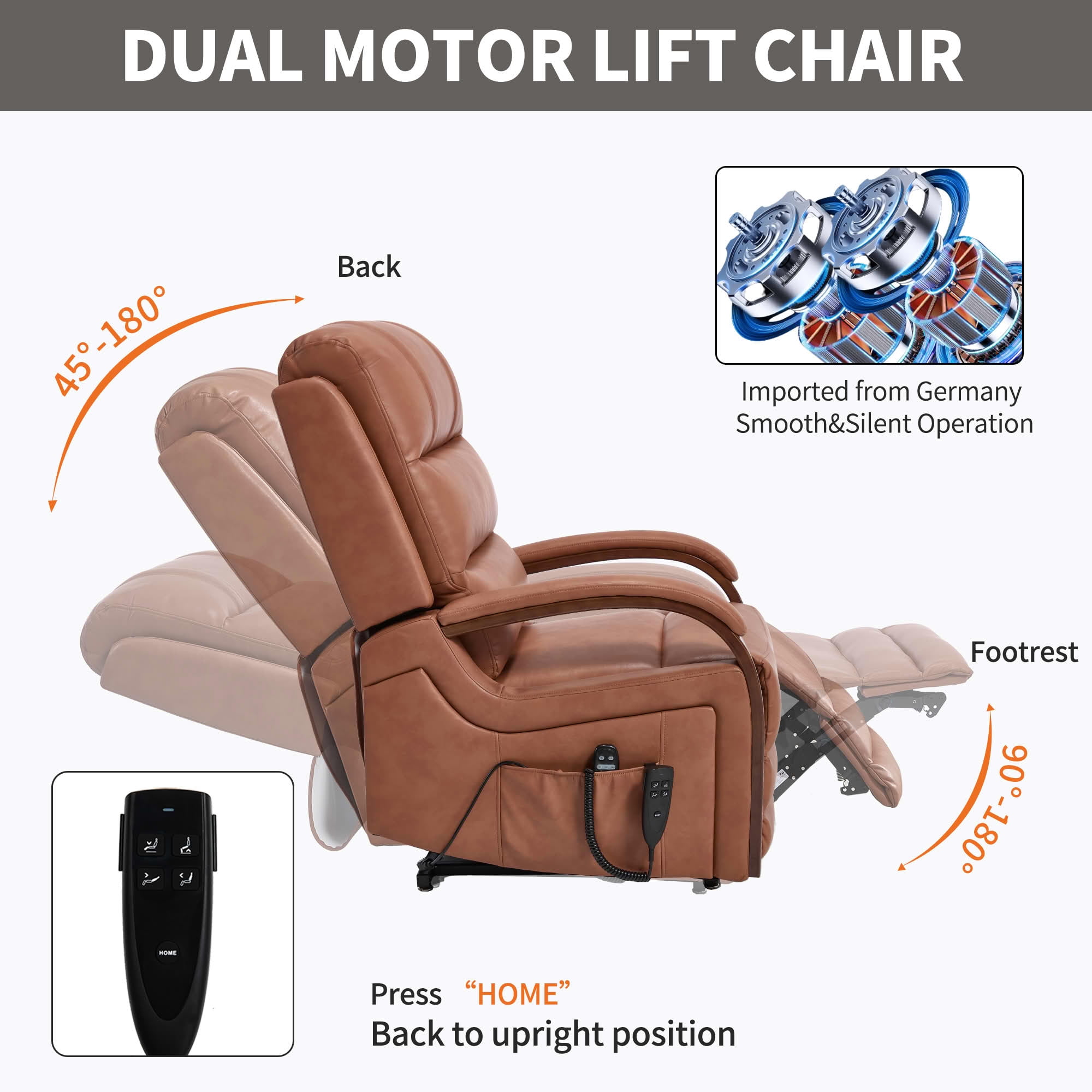 MAYEERTY Orange Leatheraire Dual Motor Power Lift Recliner, 350lbs Solid Wood Armrest Massage Heat 30"x36"x43" for Elderly