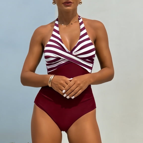 One-Piece Swimsuit Women Hanging Neck Sling High Waist Striped Printed Bikini Swimsuit Wine S