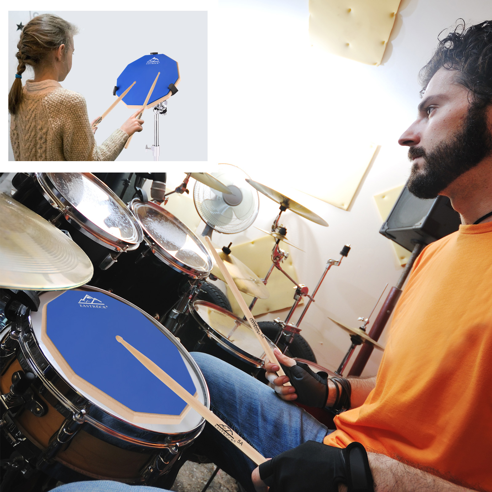 EASTROCK Drun Practice Pad 12 Inch Double Silicone Surface Silent Practice Drum Pad for Beginner Blue with Sticks & Bag