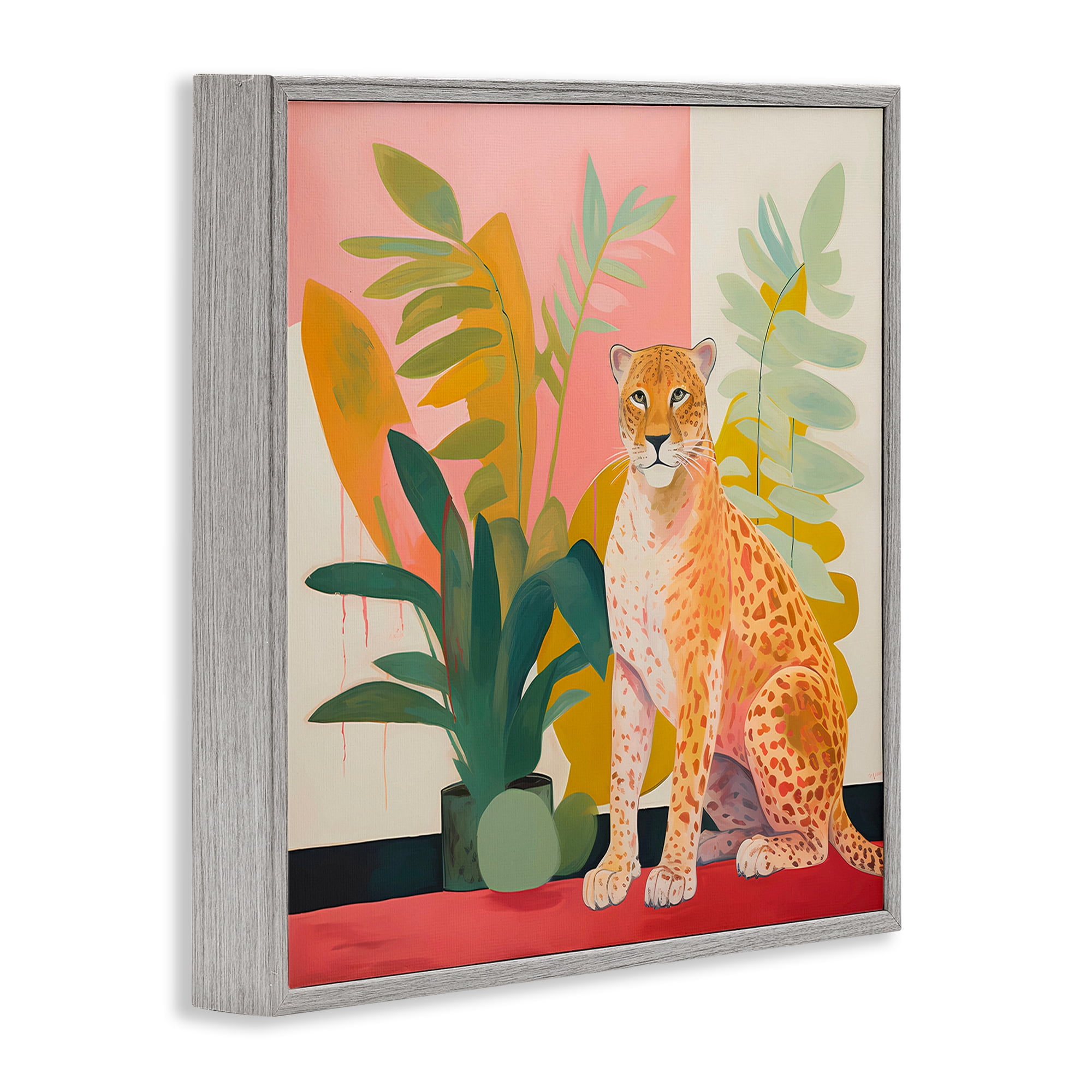 Stupell Industries Leopard Sitting with Plants Animals & Insects Painting Gray Framed Art Print Wall Art, 24 x 24