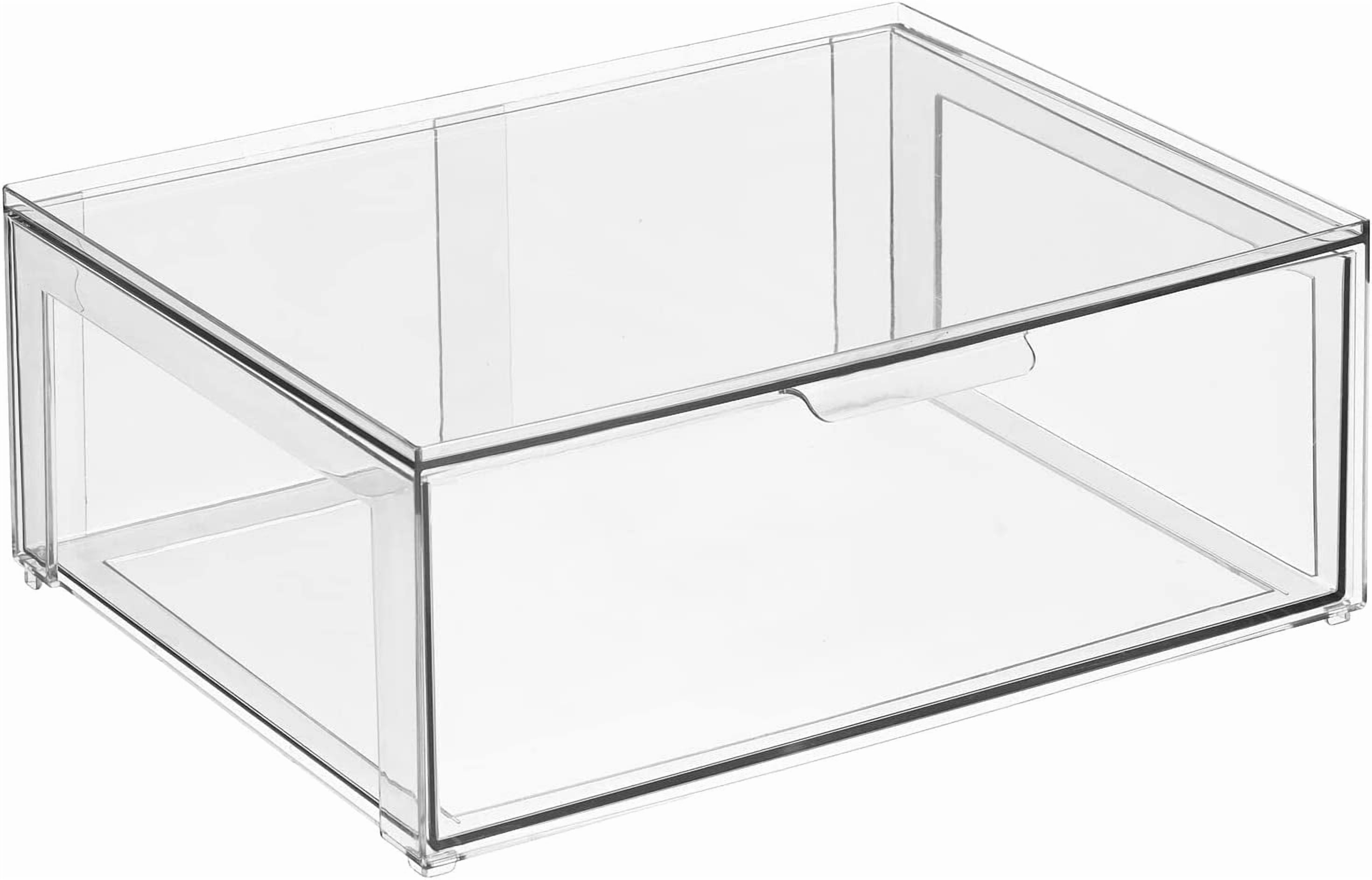 Plastic Stackable Kitchen Storage Organizer Bin Containers with Front Pull Drawer for Cabinet, Pantry, Fridge, Freezer, Shelf, Refrigerator Organization - Lumiere Collection - Clear