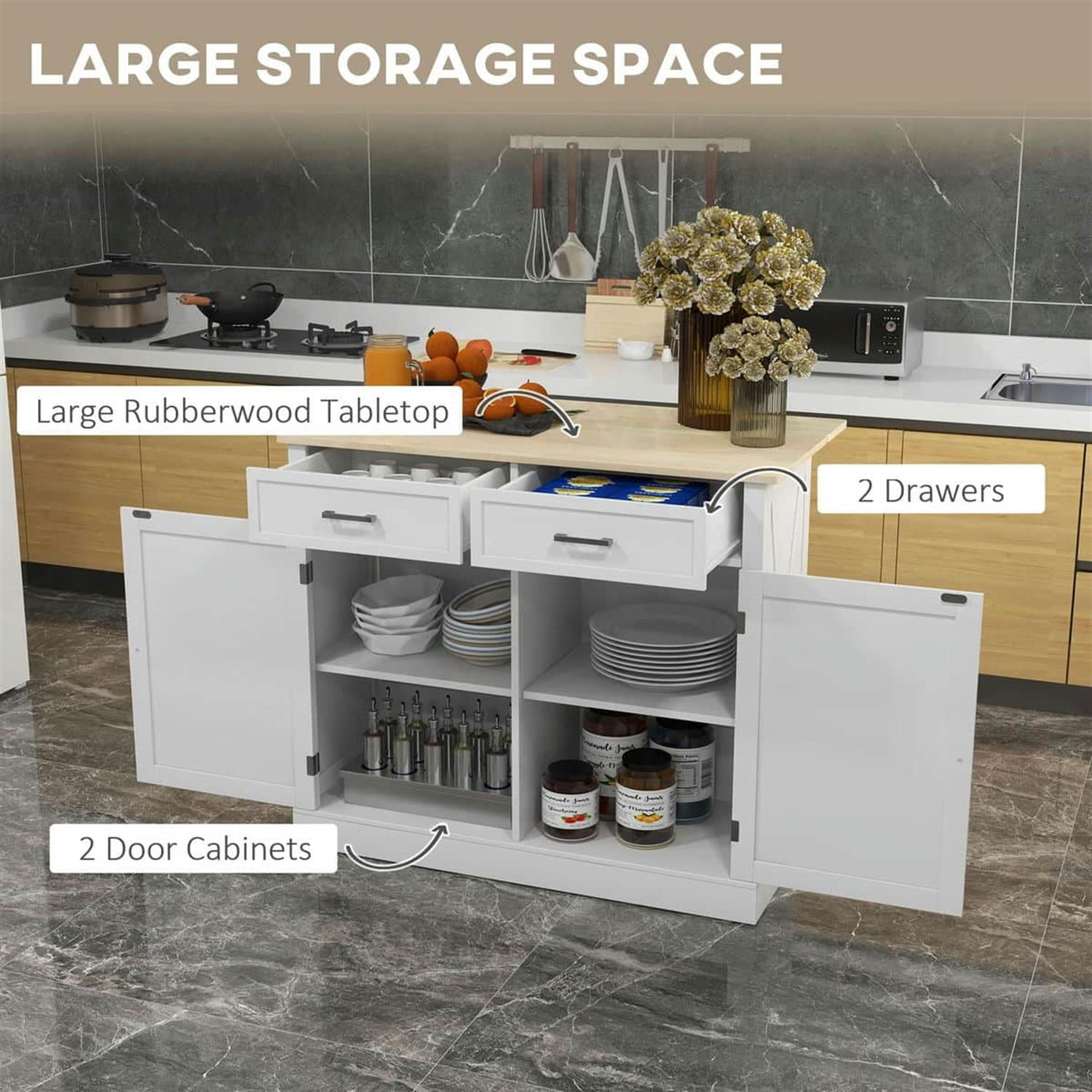 Demi Bonn 41" Rolling Kitchen Island with Drop Leaf, 2 Drawers, Wood Breakfast Bar, Adjustable Shelves for Dining Room Addition, White