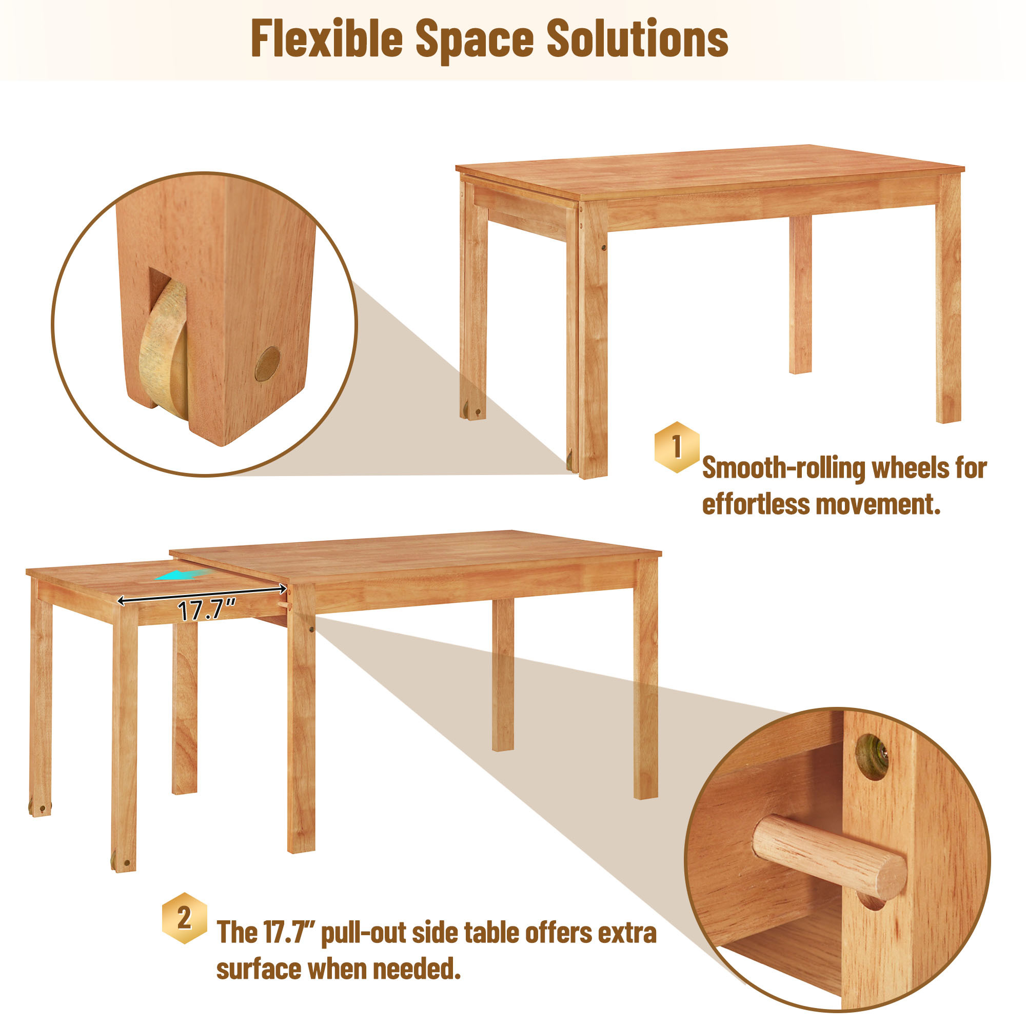 EUROCO 65" 5PCS Solid Wood Extendable Dining Table Set with Wheels,Dining Room Table Set with 17.7" Pull-out Side Table and 4 Dining Chairs for Small Places, Natural