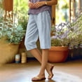 thumbnail image 7 of Josdec Women's Casual Striped Linen Bermuda Shorts Elastic High Waist Straight Leg Knee Length with Pockets for Summer Daily Beach Wear, 7 of 7