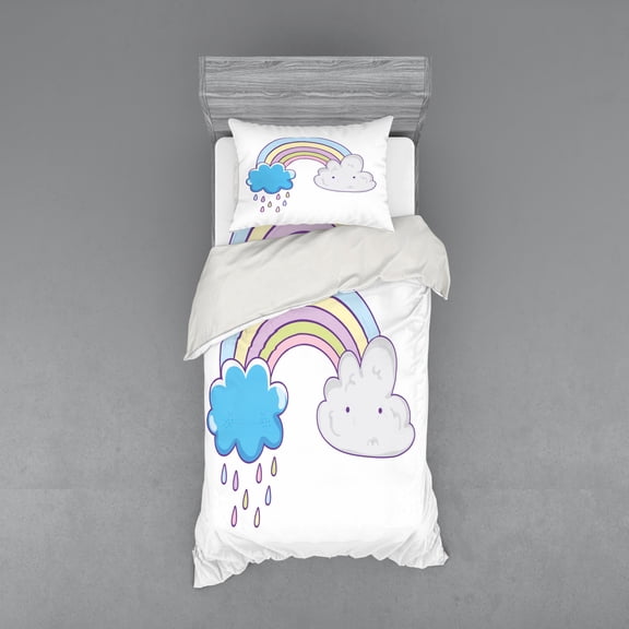 Rainbow Duvet Cover Set, Cartoon of Raining Clouds Nursery Theme, Bedding Set with Shams and Fitted Sheet, 3 Sizes, by Ambesonne
