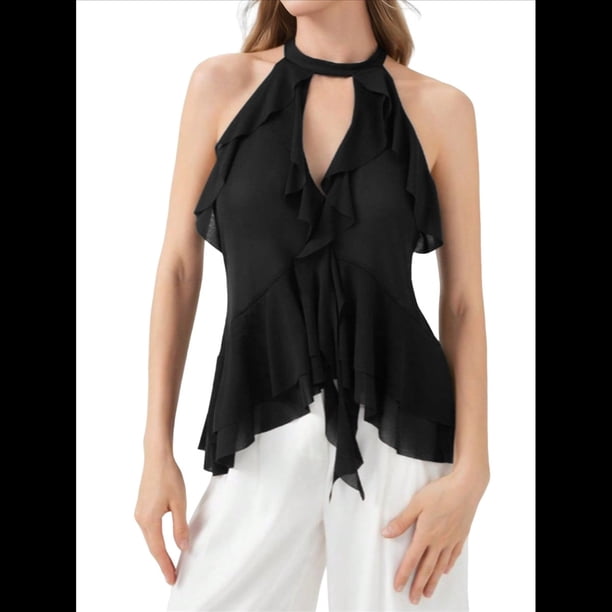 Camisola con Volantes y Cuello Halter para Mujer Negro L