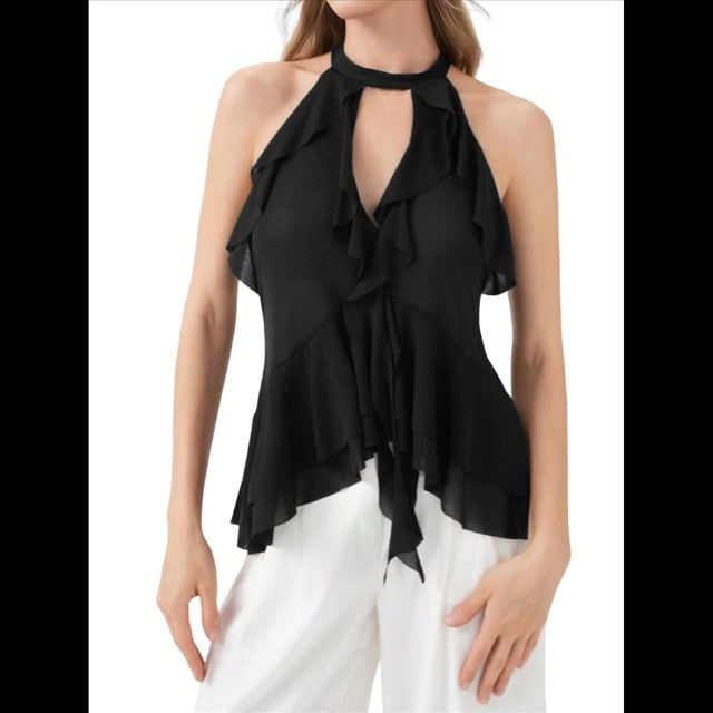 Camisola con Volantes y Cuello Halter para Mujer Negro L