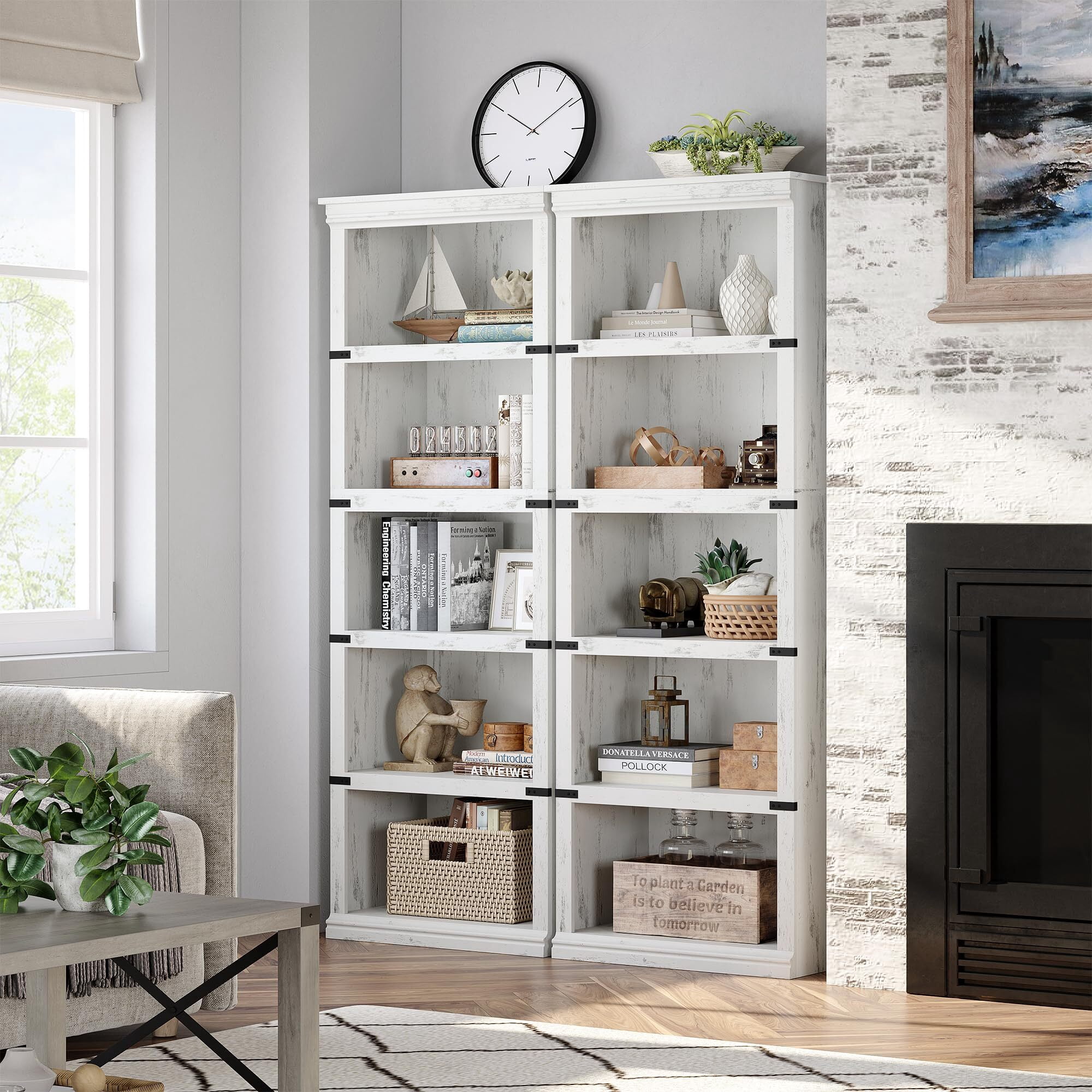 FOLDLIFE 5 Tier Bookcase, 67.4" Tall Farmhouse Bookcase with Storage Open Display Bookshelves, Wooden Book Shelves Home Decor Furniture for Home Office,White