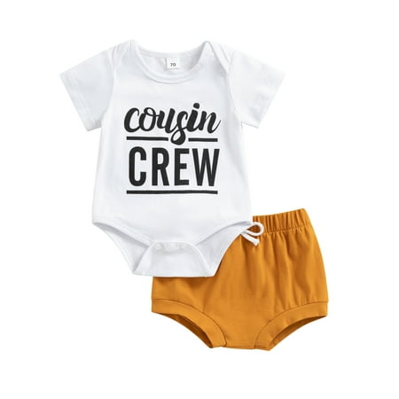

Licupiee Newborn Girls Boys Outfits Cousin Crew Letter Printed Romper Sweatshirt Top+Drawstring Short Summer Clothes Sets